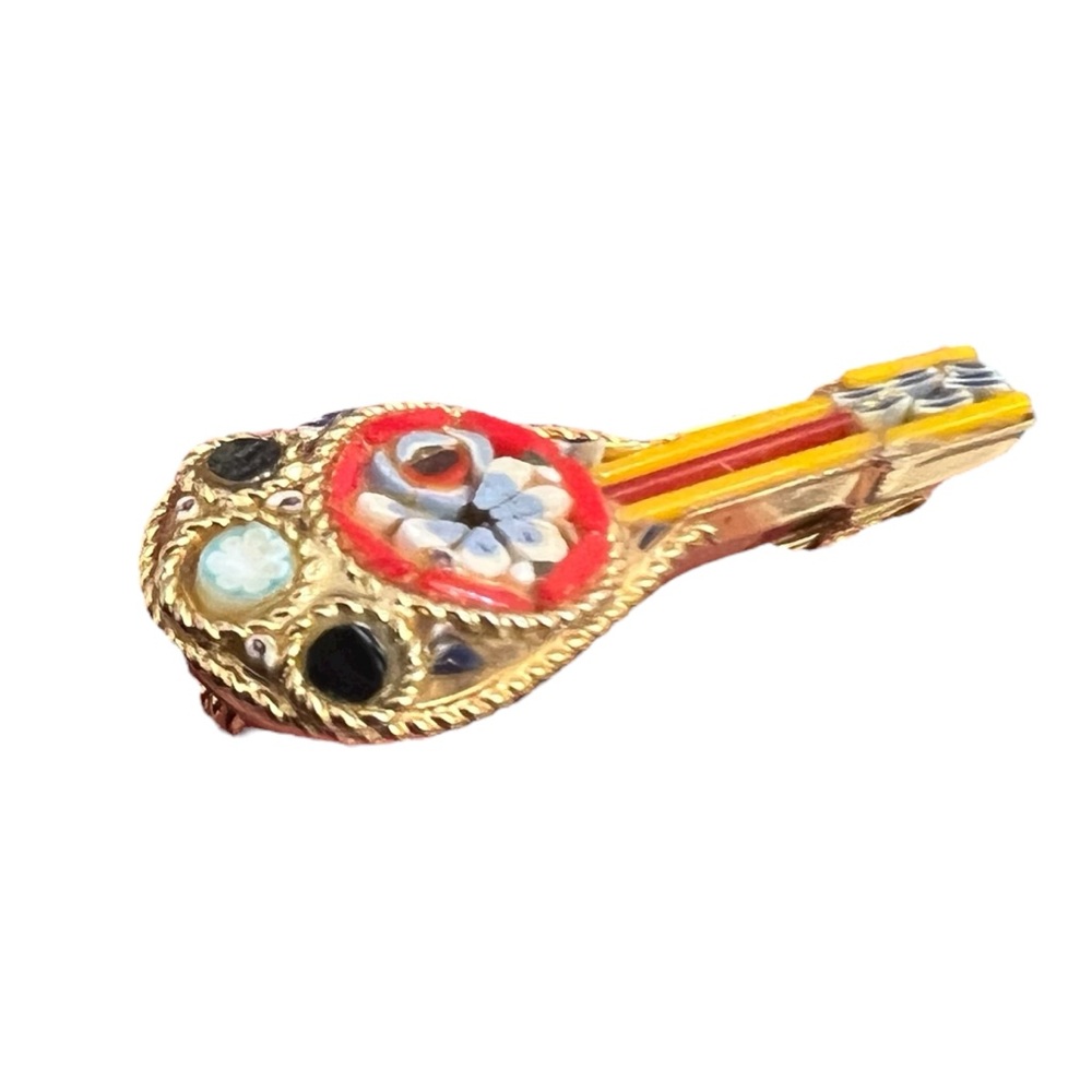 Vintage Micro-mosaic Brooch Guitar Gold Tone - Picture 4 of 7